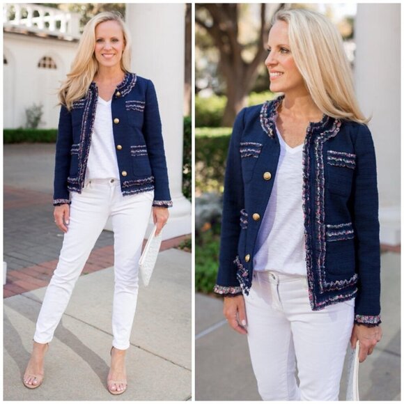 J Crew Lady Jacket Blazer Liberty London Floral Trim Tweed Navy Womens 0 - Picture 2 of 11